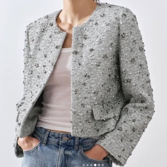 Zara ZW Collection Sequin Jacket Silver L NEW SS24 2885/152 - Picture 4 of 12